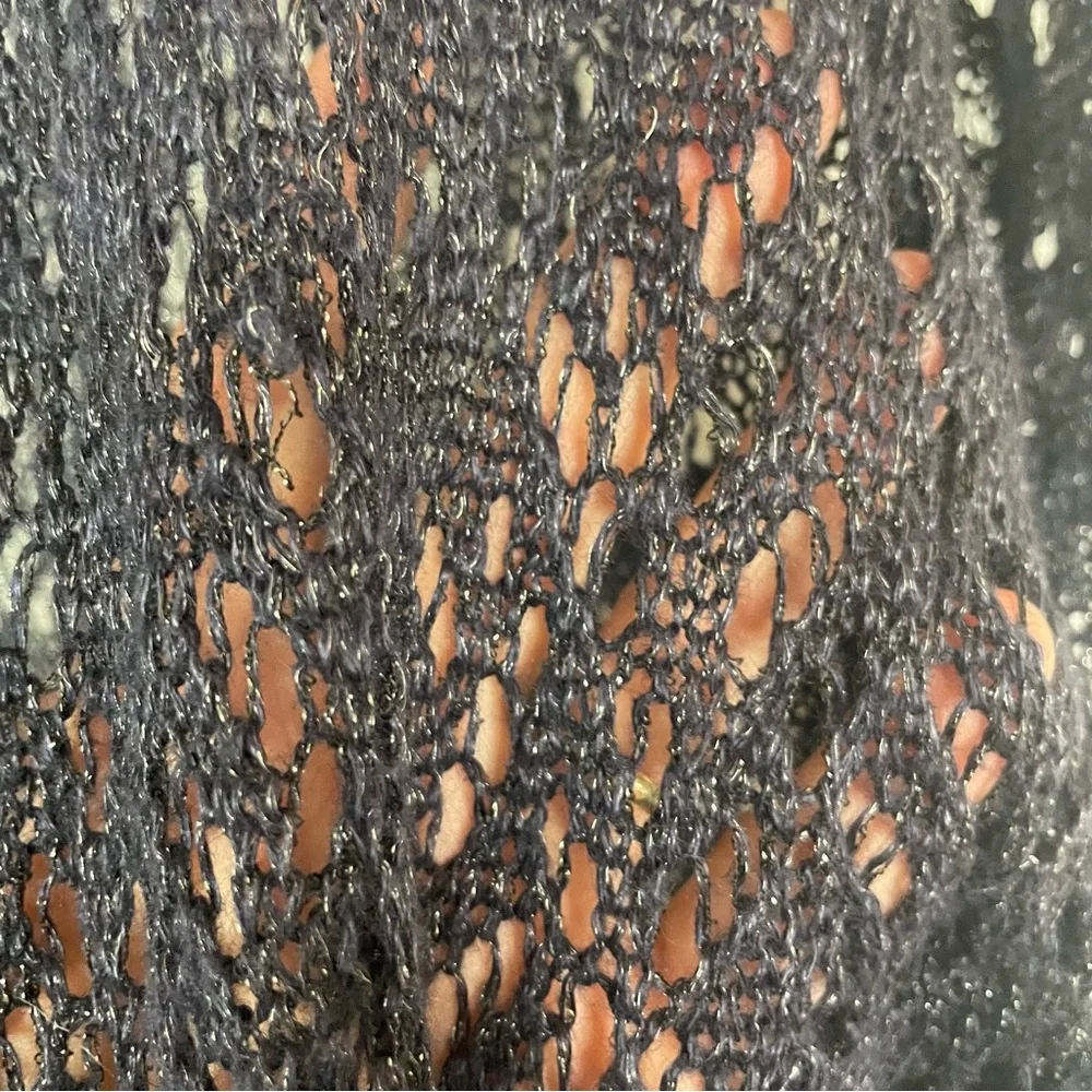 Eileen Fisher Open Front Crochet Cardigan‎ Linen Blend Blue Metallic Bohemian M - Picture 6 of 14